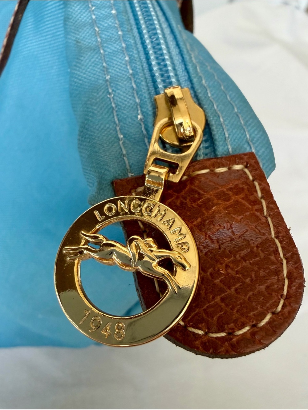 Longchamp Le Pliage Top-Handle Tote in Light Blue w Brown leather, GUC - Picture 7 of 16